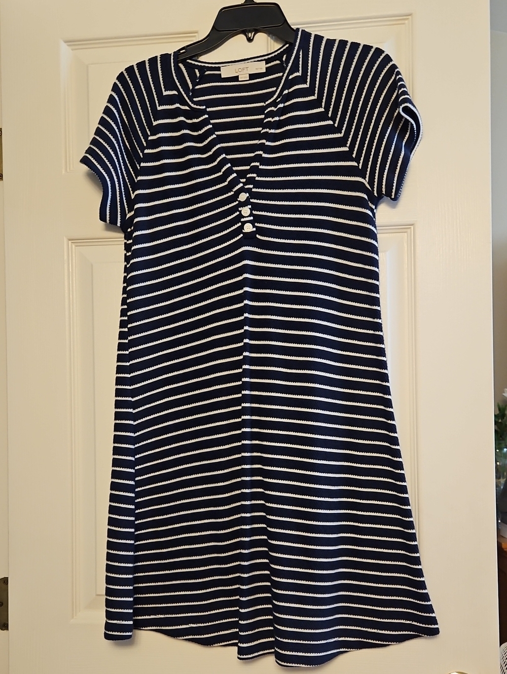 LOFT Navy and White Striped Short Sleeve Tunic with V-Neck Buttons